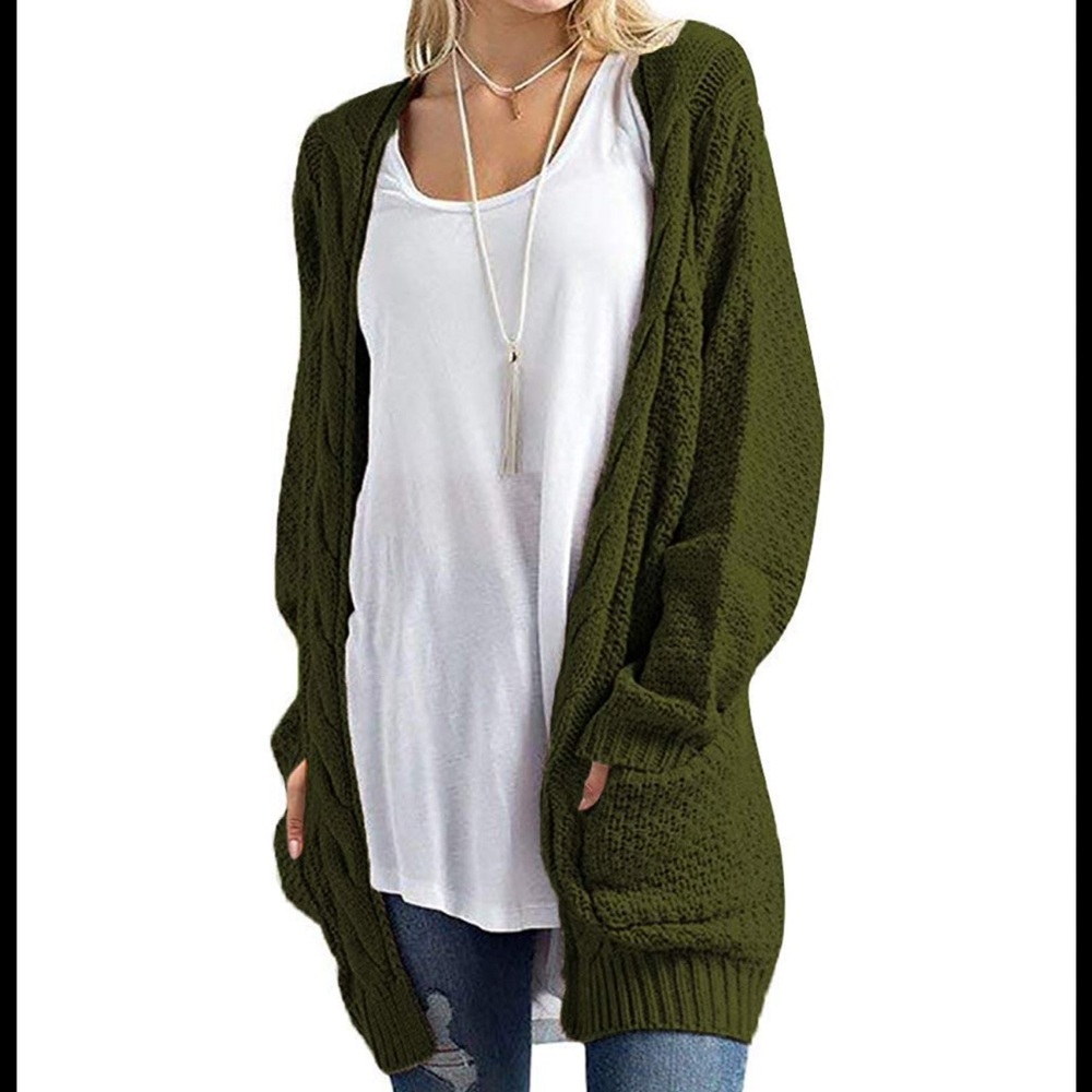 GRECERELLE Olive Green Open-Front Knit Cardigan